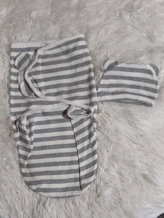 Other - Gray & White Striped Baby Swaddle Sack with Hat